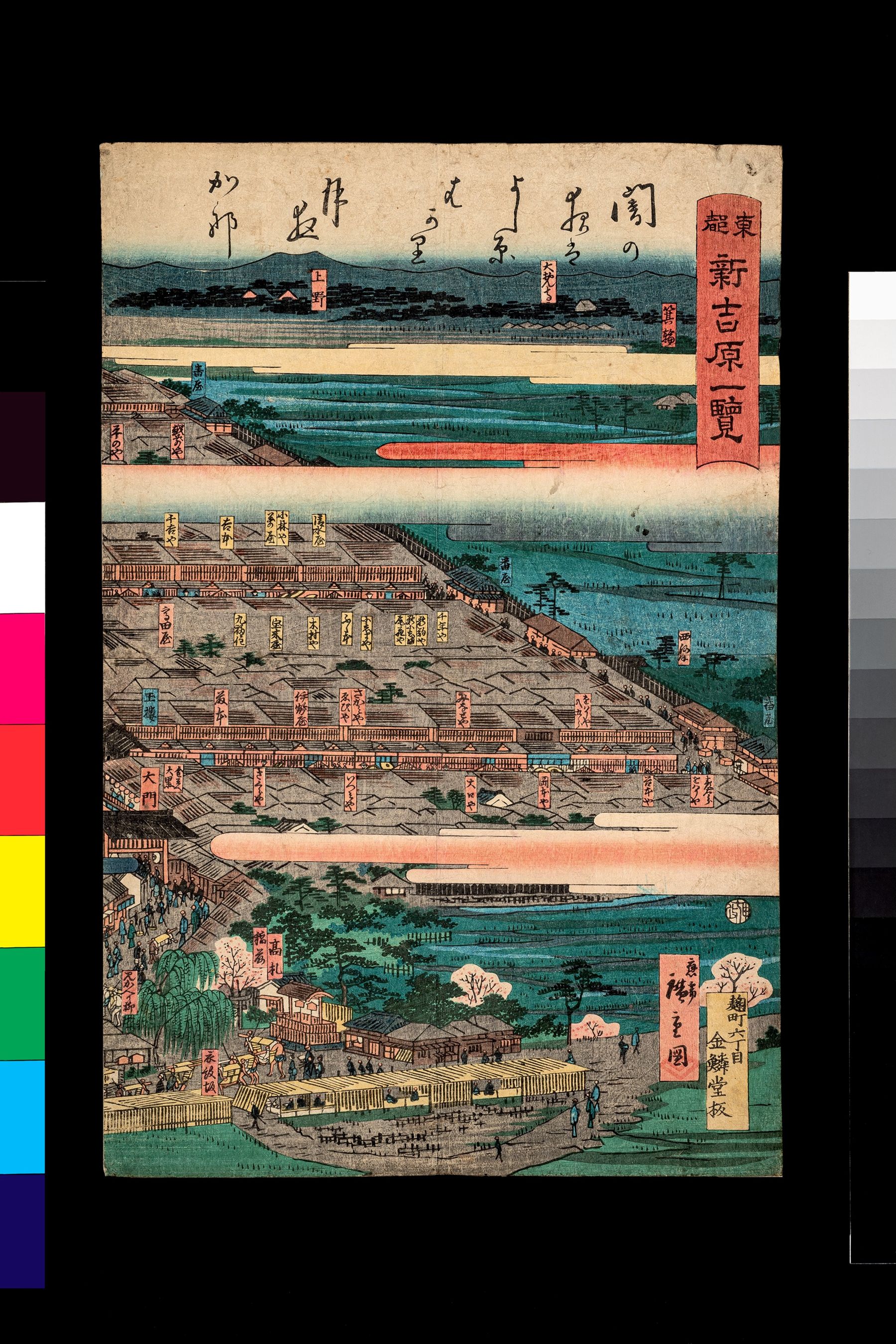 1860年の東都新吉原一覧。日本堤、大門、仲之町、周囲の店名を描く