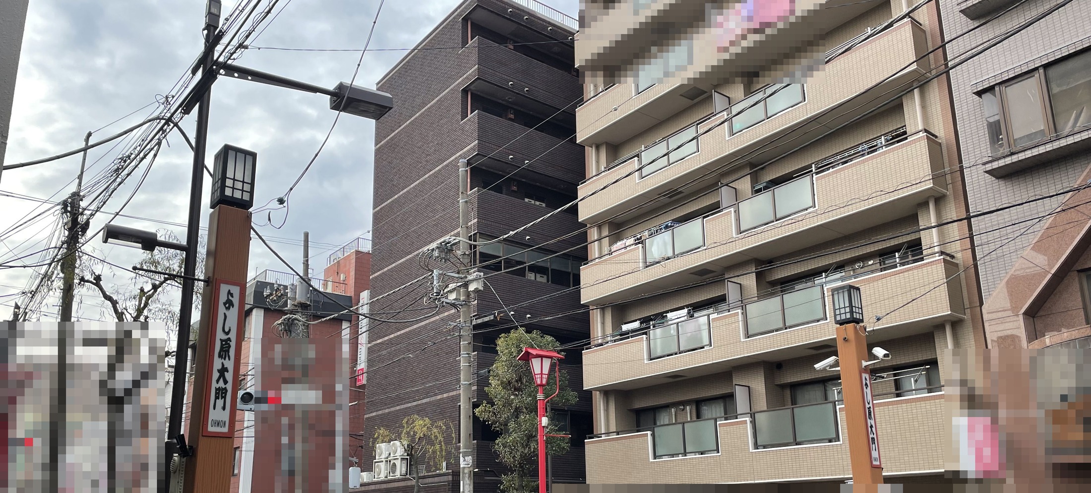 現在の吉原大門跡の灯柱。周囲の商業表示はモザイク加工済み